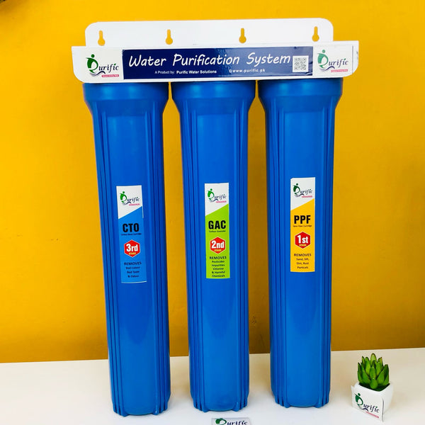 A 3 Stage Water Purification System with three blue filter housings and a white top panel labeled with various filter types such as sediment, carbon, and pH balance.